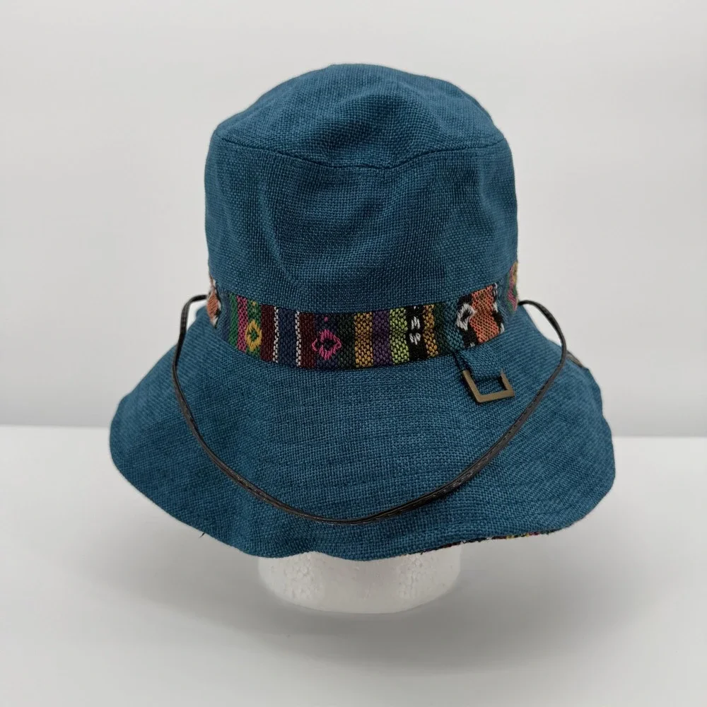Sun Hat Women One Size Teal Blue Woven Tribal Band Chin Strap Outback